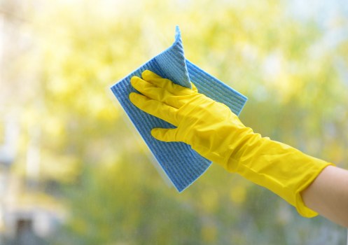 Window cleaner using tools to remove streaks from glass