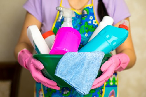 Professional janitorial cleaning supplies in a business setting